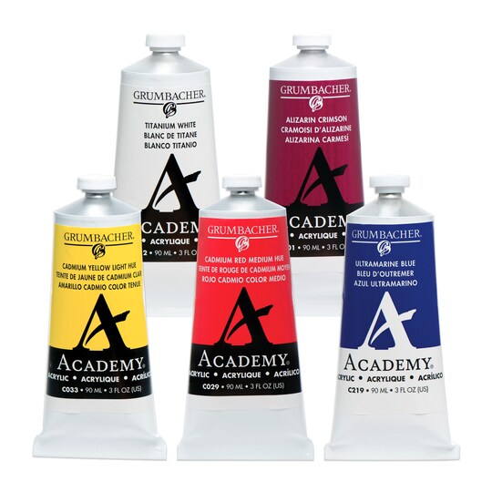 Grumbacher; Grumbacher Academy Professional Acrylic Paint Set of 5 - 90ml Traditional Colors - Artist Grade Acrylic Paint Set with Premium Pigments, Semi-Gloss Sheen, ASTM Lightfast Rating 1; Category:Acrylic Paint; Image:1
